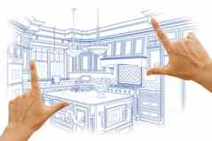 手框架蓝色的自定义厨房设计画