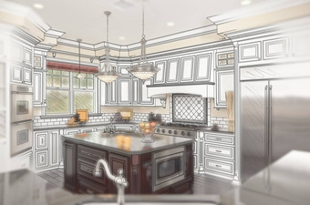 美丽的自定义厨房设计画重影照片behin