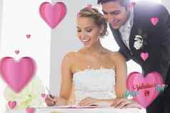 复合图像快乐年轻的夫妇签署婚礼注册