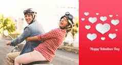 复合图像快乐成熟的夫妇骑踏板车城市