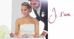 复合图像快乐年轻的夫妇签署婚礼注册