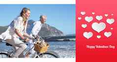 复合图像微笑夫妇骑自行车海滩