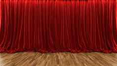 呈现剧院阶段红色的窗帘木地板上