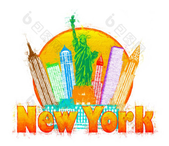 纽约城市色彩斑斓的天际线圆印象派插图