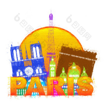 巴黎城市天际线轮廓圆颜色印象派插图