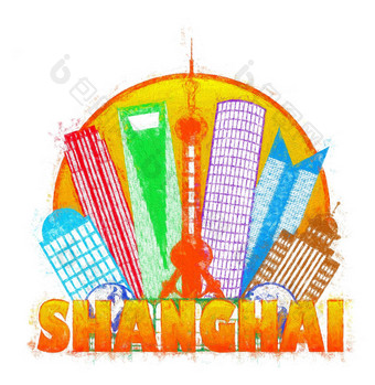 上海城市天际线圆印象派插图