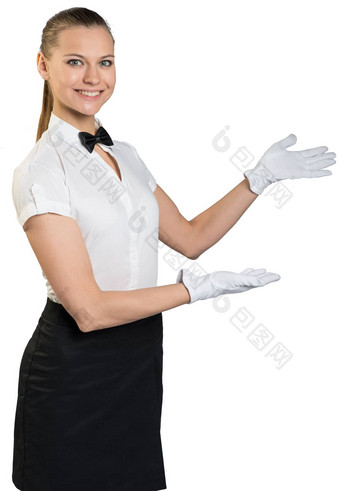 女服务员站挥挥手微笑