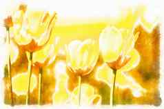 水彩水彩油漆效果春天黄色的郁金香