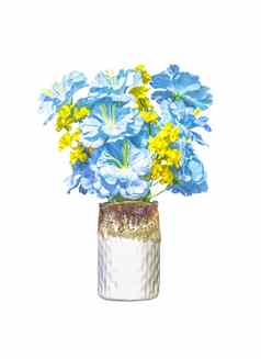 人造的蓝色的黄色的花陶瓷花瓶