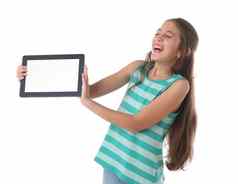美丽的青少年女孩笑平板电脑电脑