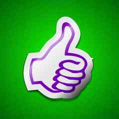 拇指图标标志象征别致的彩色的黏糊糊的标签绿色背景