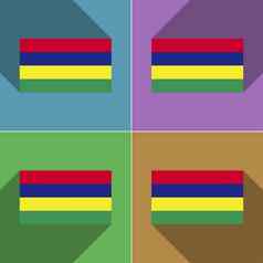 旗帜毛里求斯集颜色平设计长阴影