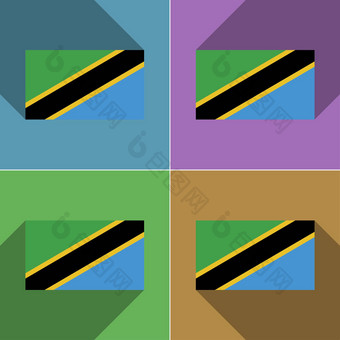 旗帜坦桑尼亚集颜色平设计长阴影