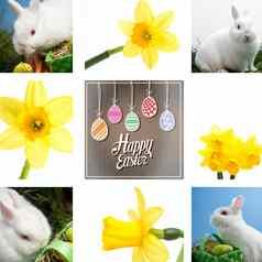 复合图像白色兔子坐着复活节鸡蛋绿色篮子