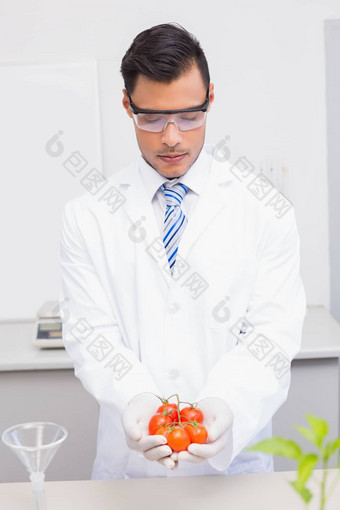 科学家保<strong>护眼</strong>镜持有西红柿
