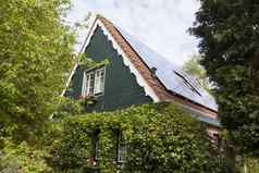 传统的荷兰房子木前面太阳能面板