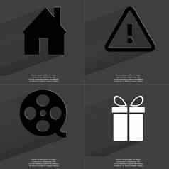 房子警告标志录像带礼物符号长影子平设计