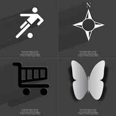 轮廓足球球员指南针购物车蝴蝶符号长影子平设计