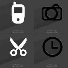 移动电话相机剪刀时钟符号长影子平设计