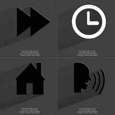 箭头媒体图标时钟房子说话符号长影子平设计