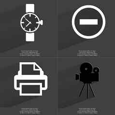 时钟-标志打印机电影相机符号长影子平设计