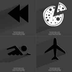 箭头媒体图标披萨轮廓游泳运动员飞机符号长影子平设计