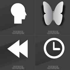 轮廓蝴蝶箭头媒体图标时钟符号长影子平设计