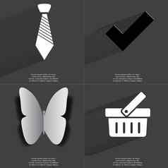 领带蜱虫标志蝴蝶篮子符号长影子平设计