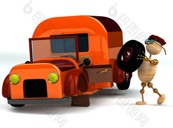 木男人。改变橙色卡车轮胎