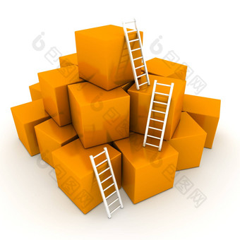 批处理闪亮的橙色盒子<strong>爬</strong>明亮的白色梯子