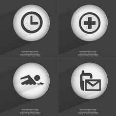 时钟游泳运动员短信图标标志集按钮平设计向量