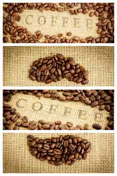 复合图像咖啡豆子周围咖啡邮票袋