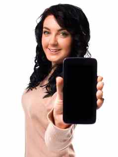 年轻的女人显示显示移动细胞电话黑色的屏幕