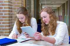 荷兰十几岁的女孩研究长学校走廊