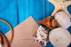 夏天假期蓝色的背景空间广告海上主题贝壳海星海结锚弓领带