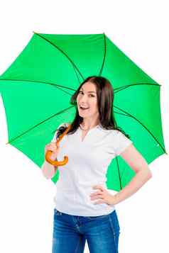 女孩绿色伞白色背景