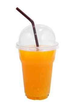 橙色汁塑料清晰的杯