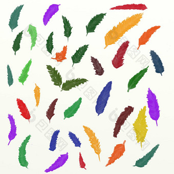 手绘水彩不同的彩色的叶子集合