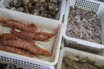 新鲜的虾海鲜塑料盒子