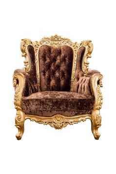 古董棕色（的）天鹅绒经典扶手椅黄金颜色隔离