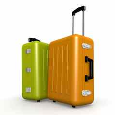 橙色绿色luggages站地板上