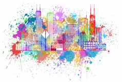 芝加哥城市天际线油漆飞溅颜色插图