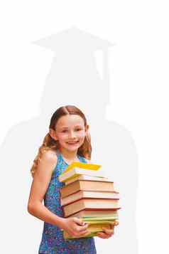 复合图像可爱的女孩携带书图书馆