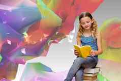 复合图像可爱的女孩阅读书图书馆