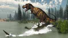 暴龙雷克斯恐龙攻击deinosuchus鳄鱼渲染