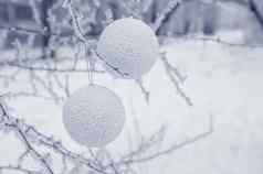冬天背景白雪覆盖的树圣诞节玩具