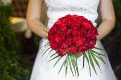 婚礼花束红色的玫瑰叶子手新娘