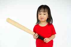 中国人女孩持有棒球蝙蝠愤怒的表达式