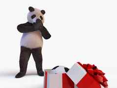 快乐的可爱的主角字符巨大的熊猫竹子站半开的盒子礼物内部足球球惊喜生日关闭动物的鼻口爪子