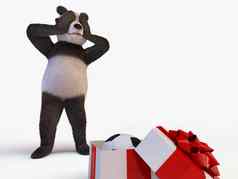 快乐的可爱的主角字符巨大的熊猫竹子站半开的盒子礼物内部足球球惊喜生日男人。关闭眼睛爪子